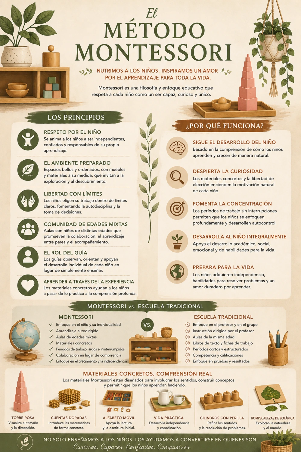 Infografía del método Montessori: principios, por qué funciona, comparación con la escuela tradicional y materiales concretos